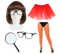 Costume de personnage de film orange pour adultes avec jupe rouge, perruque Bob marron, lunettes geek, loupe et collants oranges - Déguisement classique de détective de dessin animé pour Halloween et