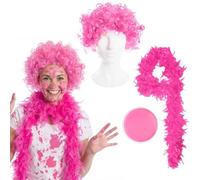 Costume de personnage désordonné pour adultes - Perruque bouclée rose, boa en plumes et peinture pour visage rose - Tenue de la semaine du livre parfaite pour l'école, la semaine du livre, la journée