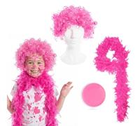 Costume de personnage désordonné pour enfants - Perruque bouclée rose, boa à plumes et peinture rose pour le visage - Tenue parfaite pour l'école, la semaine du livre, la journée mondiale du livre
