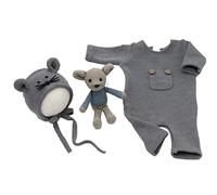 Costume de Photographie de Nouveau-né,3 Pièces Accessoires de Photographie de Bébé Nouveau-Né Tenues en Tricot Barboteuse + Petit Chapeau de Souris + Poupée de Rat