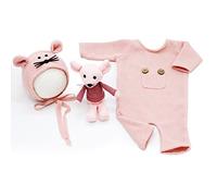 Costume de Photographie de Nouveau-né,3 Pièces Accessoires de Photographie de Bébé Nouveau-Né Tenues en Tricot Barboteuse + Petit Chapeau de Souris + Poupée de Rat