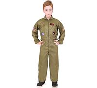 Costume de pilote de l'armée américaine VE Day pour enfants - Taille XL - Combinaison militaire verte avec patchs attachés - Déguisement militaire historique des années 80