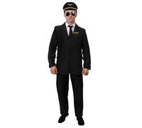 Costume de pilote de ligne aérienne pour adultes - XXL - Costume noir, cravate assortie, chapeau de pilote, badge en métal, lunettes de soleil miroir - Costume d'Halloween pour homme