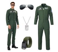 Costume de pilote pour homme - Costume d'aviateur - Uniforme de pilote de combat - Avec lunettes de soleil - Ceinture - Collier - Costume d'aviateur - Tenue militaire - Pour carnaval, Halloween