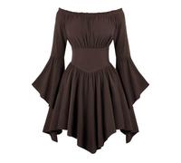 Costume de pirate bohème pour femme, robe blanche, corset à manches longues bouffantes, épaules dénudées, barboteuse, combinaison fluide superposée, combinaison de plage, robe d'été, café, S