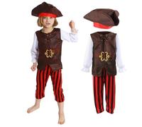 Costume de pirate de luxe pour garçon - Taille XL - Chemise marron, pantalon rayé et chapeau tricorne avec 4 accessoires - Déguisement pour enfants pour la journée mondiale du livre, Halloween et les
