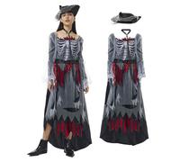 Costume de pirate de zombie pour femme - Robe de pirate avec chapeau de pirate - Jupe effrayante - Style médiéval, gothique viking - Vêtements pour adulte - Pour Halloween, carnaval, fête à thème (XXL