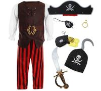 Costume de pirate pour enfants garçons et filles avec épée jouet, chapeau, cache-œil, sac d'argent et fausses boucles d'oreilles à clipser - Déguisement de la journée mondiale du livre pour enfants de
