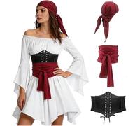 Costume De Pirate Pour Femme, Robe Medievale Femme Avec Robe,Foulard À Épaules Dénudées Et Corset De Pirate, Rétro Renaissance Victorienne Deguisement Pour Carnaval Halloween Cosplay Blanc S