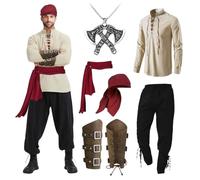 Costume de pirate pour homme - 7 pièces - Vêtements médiévaux - Costume de Renaissance - Ensemble avec pantalon médiéval, chemise médiévale, foulard de pirate, ceinture, sangle de poignet, collier de