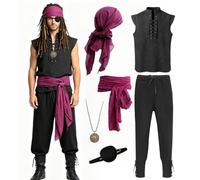 Costume de Pirate pour Homme Style Médiéval Complet avec Accessoires | Chemise Pantalon Collier Foulard Ceinture et Cache-œil Idéal pour Soirées Médiévales, Halloween, Carnaval, Jeux de Rôle