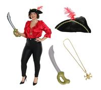 Costume de pirate rouge pour femme - Chemisier en satin rouge, chapeau tricorne noir, épée de pirate gonflable et collier doré avec médaillon crâne et os croisés - Parfait pour tout déguisement