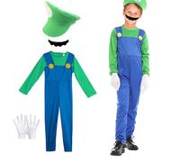 Costume de Plombier Super Brothers, Déguisements Classique de Super Bros avec Combinaison Chapeau Fausse Moustache Gants, Costume de Carnaval Classique Halloween Cosplay, pour Garçons Filles Enfants L