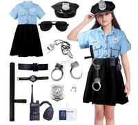 Costume de police pour enfant fille - Costume de carnaval - Ensemble de robe de police - Accessoires de police - Ceinture de police - Bonnet de menottes - Talkie-walkie pour carnaval, Halloween,