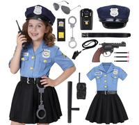 Costume de Police pour Fille - Ensemble Complet 11 Pièces avec Robe, Casquette, Talkie-Walkie & Accessoires Réalistes - Déguisement Jeu de Rôle 3-10 Ans pour Carnaval Halloween Fête d'Enfants 120CM M