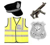 Costume de policier pour enfants comprenant gilet haute visibilité, chapeau de policier, badge de police en plastique et pistolet gonflable pour garçons et filles - Taille M