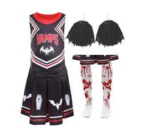 Costume de pom-pom girl de vampire pour fille - 10/12 ans - Robe noire avec pompons et collants - Déguisement pour enfants