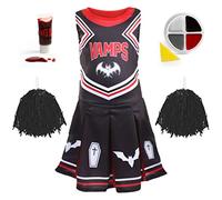 Costume de pom-pom girl de vampire pour fille - Taille M - Robe de pom-pom girl noire avec pompons rouges, maquillage et faux sang - Costume d'Halloween pour enfants