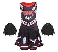 Costume de pom-pom girl de vampire pour fille - Taille M - Robe de vampire noire et rouge et une paire de pompons noirs - Déguisement effrayant pour enfants