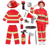 Costume de Pompier, Deguisement Pompier Enfant avec Pompiers Vêtements, Pantalons, Casque, Jouet,Pompiers Cosplay Jeu de Rôle pour Halloween Carnaval Déguisement Enfants Garçons Filles Cadeau