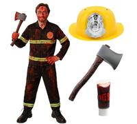 Costume de pompier effrayant pour adultes avec casque, hache et faux sang - Costume de pompier d'horreur pour homme - Uniforme de pompier effrayant pour fête d'Halloween et événements hantés