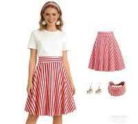 Costume de pop-corn pour femme - Ensemble 3 pièces avec jupe plissée rouge et blanc à rayures, boucles d'oreilles popcorn et serre-tête, tenue rétro des années 1950 pour carnaval, fête de cirque