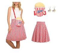 Costume de pop-corn pour femme - Ensemble 3 pièces avec jupe plissée rouge et blanc à rayures, boucles d'oreilles popcorn et serre-tête, tenue rétro des années 1950 pour carnaval, fête de cirque