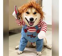 Costume de poupée mortelle pour animal de compagnie - Accessoires d'Halloween amusants avec perruque et couteau pour chiot, chat, carlin, corgi, shiba, taille M (G)