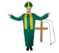 Costume de prêtre irlandais - Grande robe verte avec col de bureau blanc + étole + chapeau de prêtre vert et doré + croix - Déguisement de prêtre catholique pour la Saint-Patrick