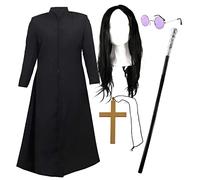 Costume de Prince des Ténèbres pour adultes - Standard - Manteau noir - Longue perruque noire, canne noire et argentée, lunettes circulaires, croix dorée - Déguisement de rock star des années 70/80