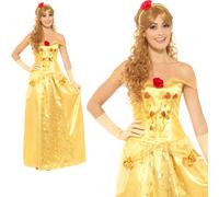 Costume De Princesse Dorée Belle Beauté Femme Adulte Robe Fantaisie UK 8-22