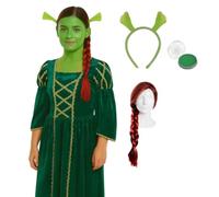 Costume de princesse Fiona Ogre pour adultes - Robe verte, oreilles Shrek, perruque tressée et peinture verte pour le visage - Parfait pour les contes de fées et le film