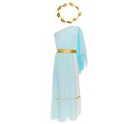 Costume de princesse grecque pour fille - Robe longue toga asymétrique avec vêtements de dieu de la guerre laurier (bleu clair, 5 à 6 ans)