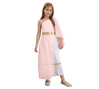 Costume de princesse grecque pour fille - Robe longue toga asymétrique avec vêtements de dieu de la guerre laurier (rose, 13 à 14 ans)