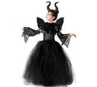 Costume de Princesse Malefique pour Filles, Deguisement Maléficent avec Corne Et Ailes Noires Ensemble pour Halloween Carnaval Enfants Cosplay Tenue De Fête (M 105-120 cm)