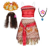 Costume de princesse Moana pour filles, 2 pièces, haut court, jupe à franges avec perruque, collier de fleurs, bandeau, tenue de cosplay pour enfants, anniversaire, plage Moana A2