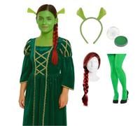 Costume de princesse Ogre pour adultes - Robe de princesse Fiona verte avec oreilles d'ogre, perruque tressée, collants verts STD et peinture pour le visage - Parfaite pour les contes de fées, les