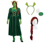 Costume de princesse Ogre pour adultes - Robe de princesse verte avec oreilles d'ogre, perruque tressée et peinture verte pour le visage - Parfait pour les contes de fées, les films et Halloween