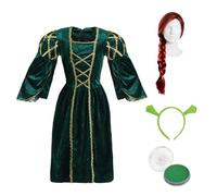Costume de princesse Ogre pour enfant - Robe verte avec oreilles d'ogre, perruque roux et peinture verte pour le visage - Déguisement de conte de fées pour filles et amusement d'Halloween - Taille S