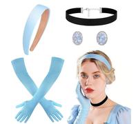 Costume de princesse pour femme et fille - Ensemble d'accessoires de costume de Cendrillon - Couronne de princesse - Bandeau bleu - Gants noirs - Collier ras du cou - Boucles d'oreilles en cristal