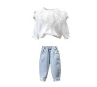 Costume de printemps nouveau style étranger enfants bébé fille à la mode petits enfants filet rouge denim printemps printemps ensemble deux pièces couverture avec bandeau assorti (blanc, 18-24 mois)