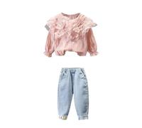 Costume de printemps nouveau style étranger enfants bébé fille à la mode petits enfants filet rouge denim printemps printemps printemps deux pièces ensemble couverture avec bandeau assorti (rouge, 18