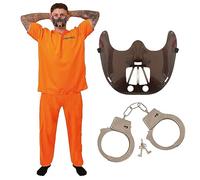 Costume de prisonnier cannibal pour adultes - Haut de prisonnier orange, pantalon assorti, menottes en métal et masque de retenue marron - Parfait pour Halloween, déguisement de personnage de film