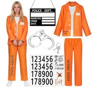 Costume de Prisonnier, Deguisement Prisonniere Femme Orange, Prisonnier Costume Carnaval avec Menottes d'Identification, Déguisement de Prisonnier pour Adulte Carnaval Halloween Cosplay Themed Party
