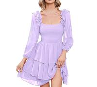 Costume de Raiponce pour femme - Robe en mousseline de soie violette - Robe trapèze - Robe de carnaval - Col carré solide - Coupe ajustée - Manches longues - Robe de princesse en mousseline de soie