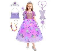 Costume de Raiponce pour fille - Costume de princesse Raiponce - Robe à manches bouffantes - Costume de carnaval - Robe festive pour carnaval, anniversaire - Avec perruque, sac à main, couronne,