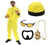 Costume de rappeur jaune pour adulte - Taille S - Costume de coquillage jaune et noir, chapeau assorti, lunettes de soleil, chaîne de signe dollar - Bouc noir - Déguisement de téléfilm pour adultes