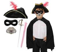Costume de rat d'autoroute pour enfant - Chapeau tricorne noir avec plume rouge, cape noire, masque pour les yeux, nez de souris, épée jouet et queue rose - Déguisement de personnage de livre