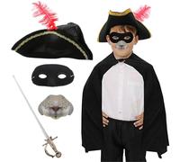 Costume de rat d'autoroute pour enfant - Chapeau tricorne noir, cape, nez de rat et épée jouet - Semaine du livre, journée mondiale du livre et déguisement d'école, tenue de bandit de la forêt pour