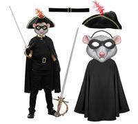 Costume de rat de l'autoroute pour enfants - Masque carte de rat, cape noire, ceinture, chapeau mousquetaire et épée en aluminium - Déguisement de personnage de livre d'histoires pour la journée